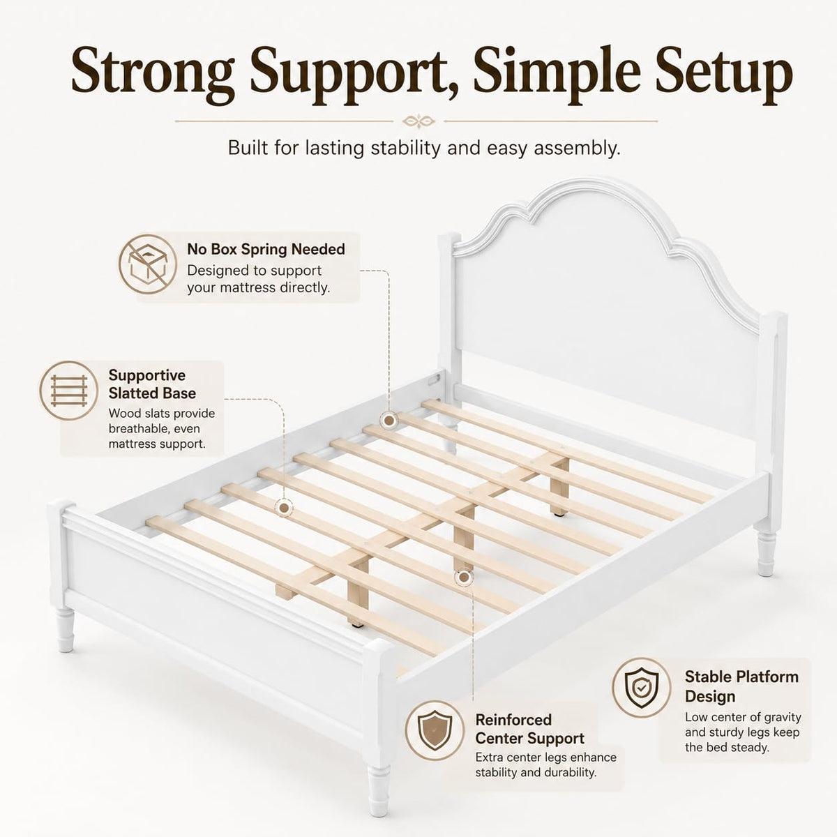 Vintage Bed Frame with Arched Headboard, White Wood Bedframe