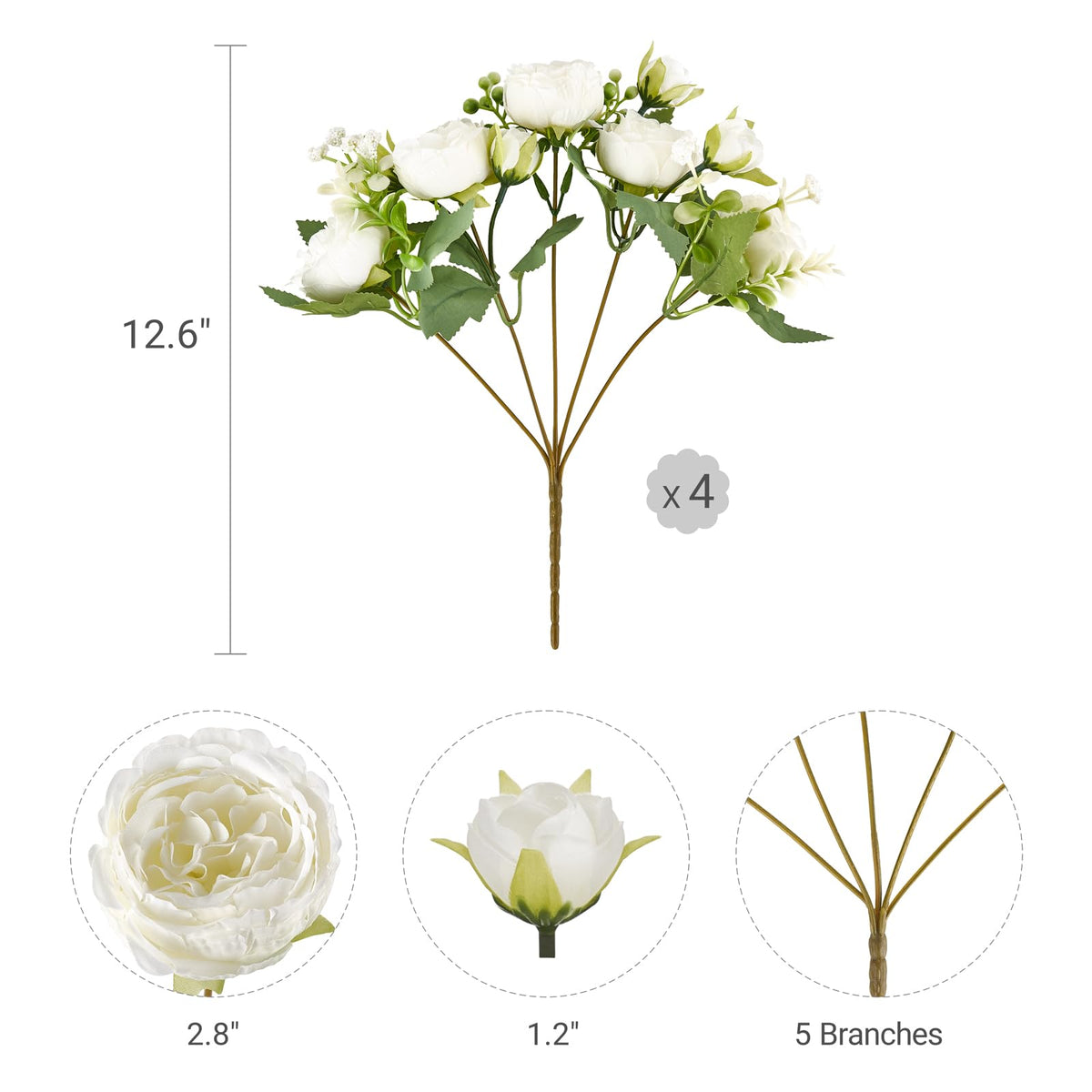 Peonies Artificial Flowers, Silk White Fake Flowers Bouquet 4 Pack