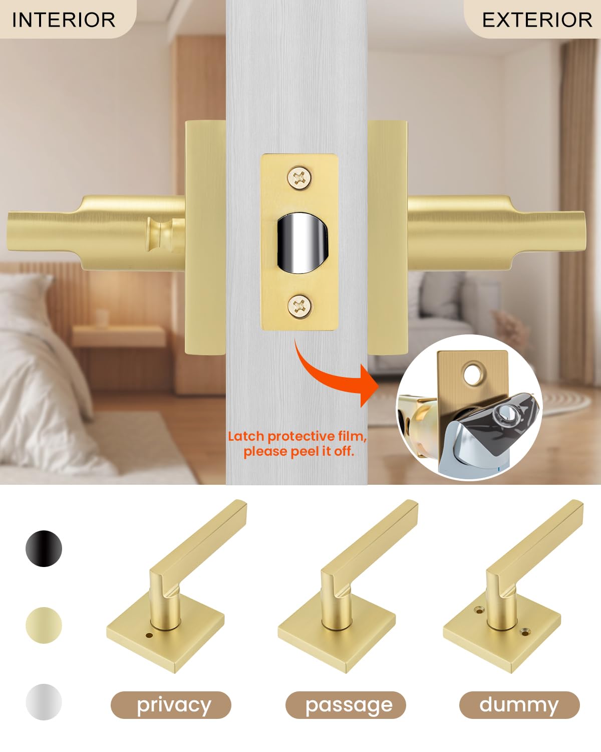 Brushed Gold Door Handles Interior, Gold Privacy Door Handle, 1 Pack