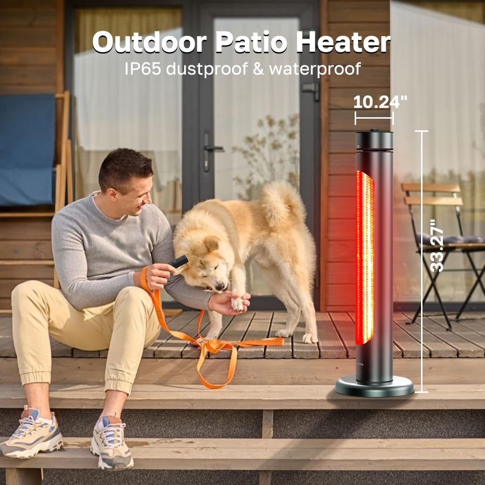 Electric Patio Heater, 1500W IP65 Outdoor/Indoor Infrared Heater with Remote, 8 Heating Levels 8-Hour Timer &