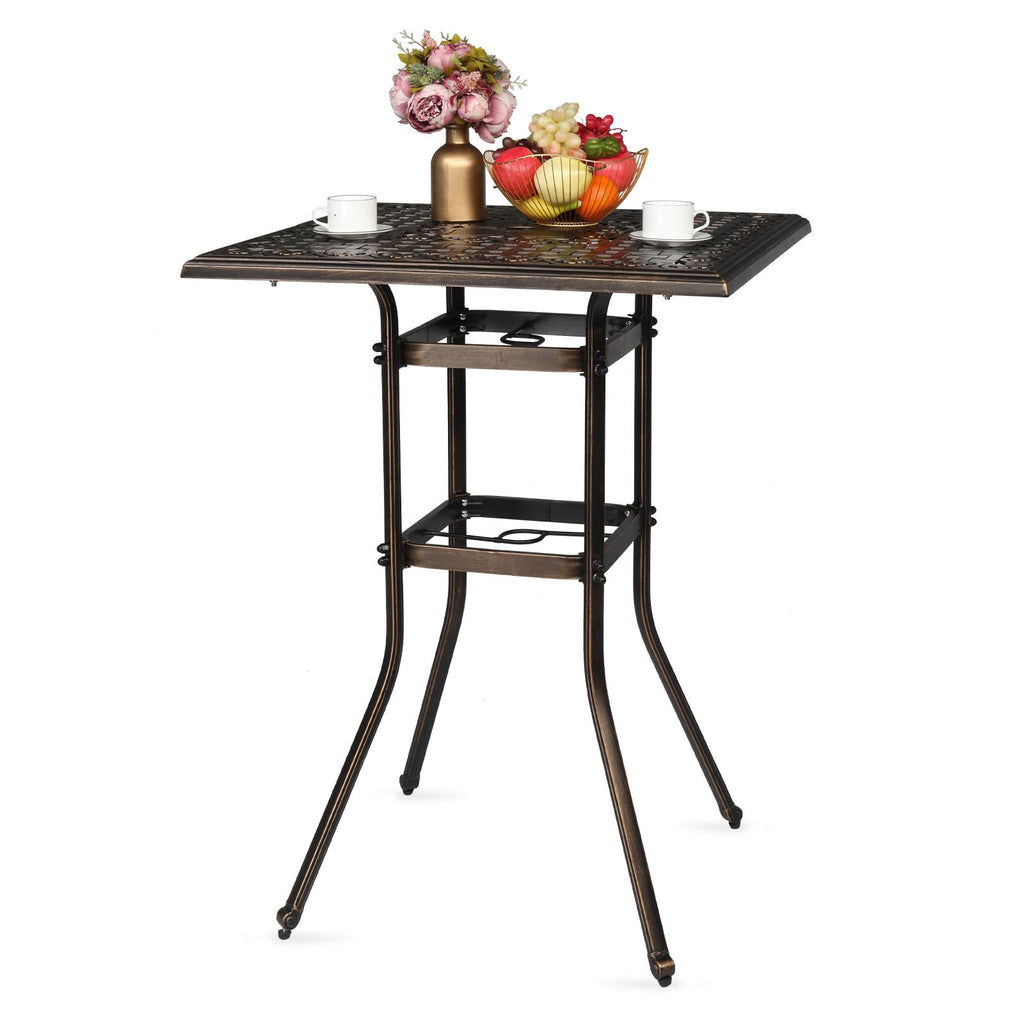 Cast Aluminum Patio Bar Table, 42" Height High Top Outdoor Bar Table with Umbrella Hole, Pub Height Bistro Square