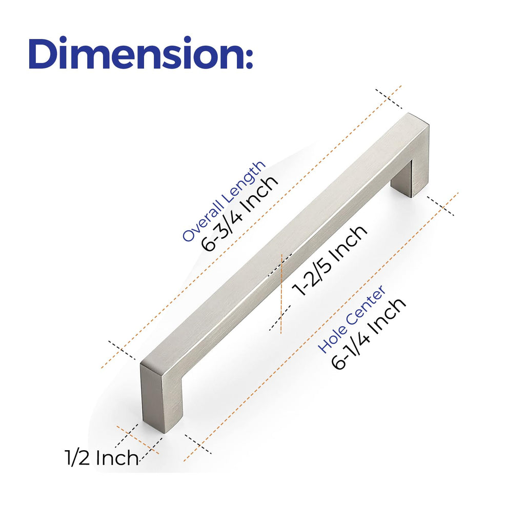 Brushed Nickel Square Cabinet Handles & Pulls 6-1/4 Inch 10 Pack