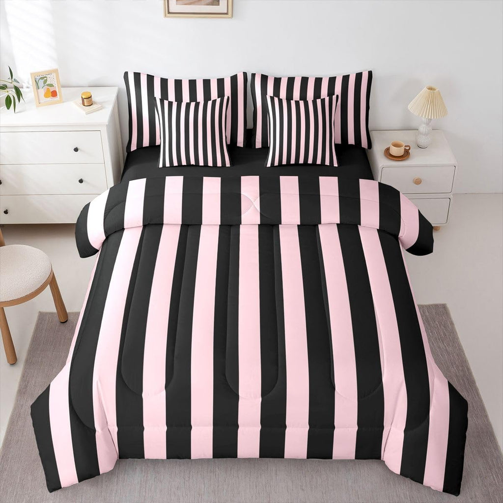 Pink and Black Striped Bedding Set Stripes Comforter Set