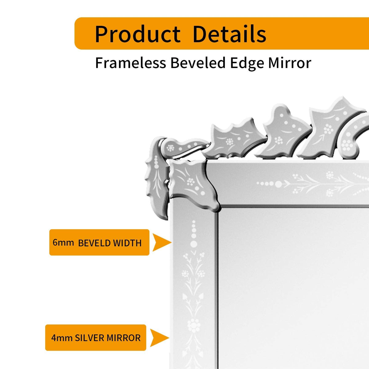 Large Decorative Wall Mirrors 41x31 Inch Venetian Wall Mirror with Ornate Crown, Etched Floral Design Beveled Edge