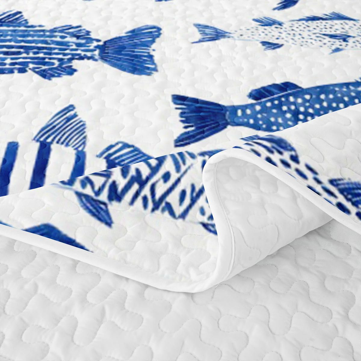 Fish Coastal Quilt Set Marine Quilted Bedding 3 Pieces