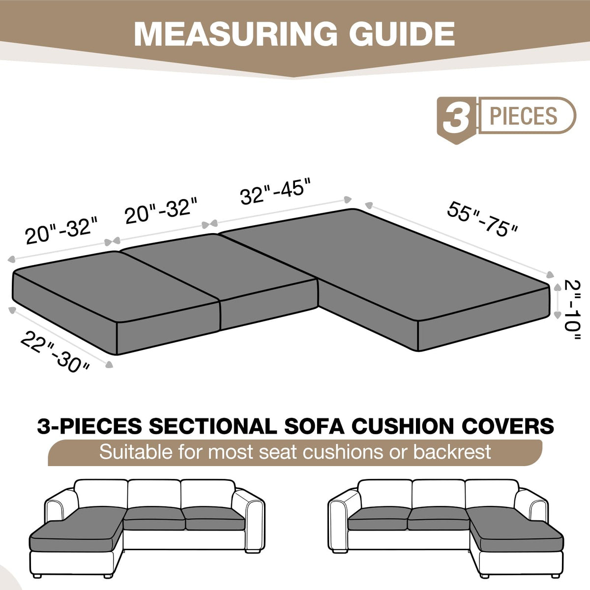 Sectional Couch Covers Stretch Couch Cushion Covers for Sectional Sofa Chaise L Shape, 3 Pieces Sectional Seat Covers