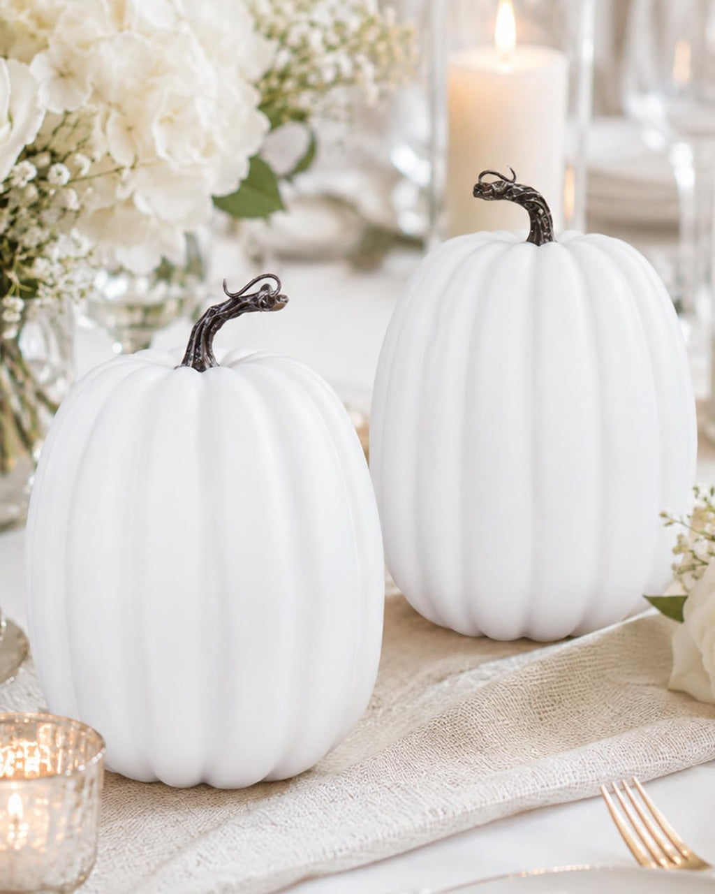 2 Pack 8 Inch Large White Artificial Pumpkins for Fall Decor