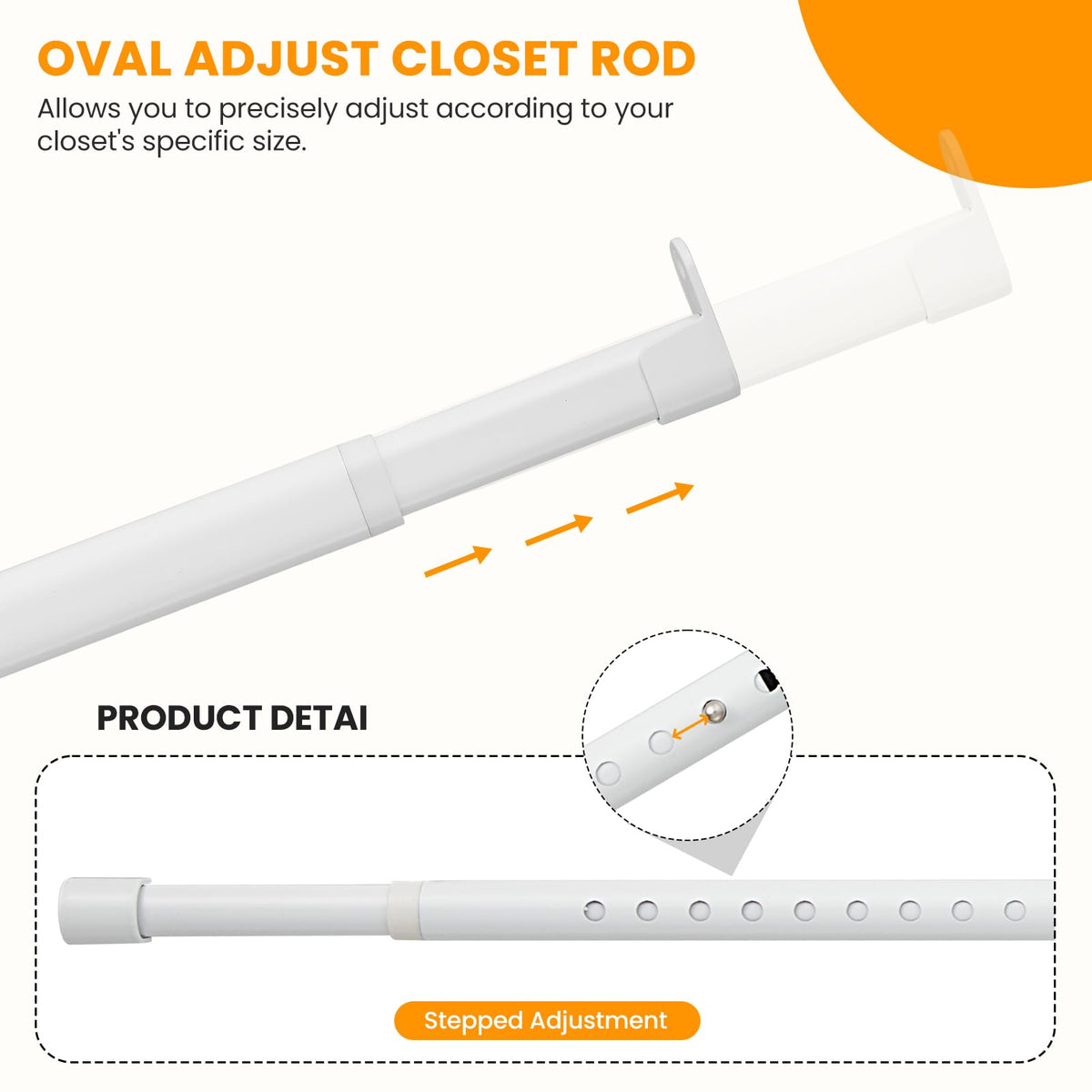 Oval Closet Rod for Hanging Clothes Adjustable Closet Rods 18 to 75 Inch Heavy Duty White Poles Bar Closet Rod