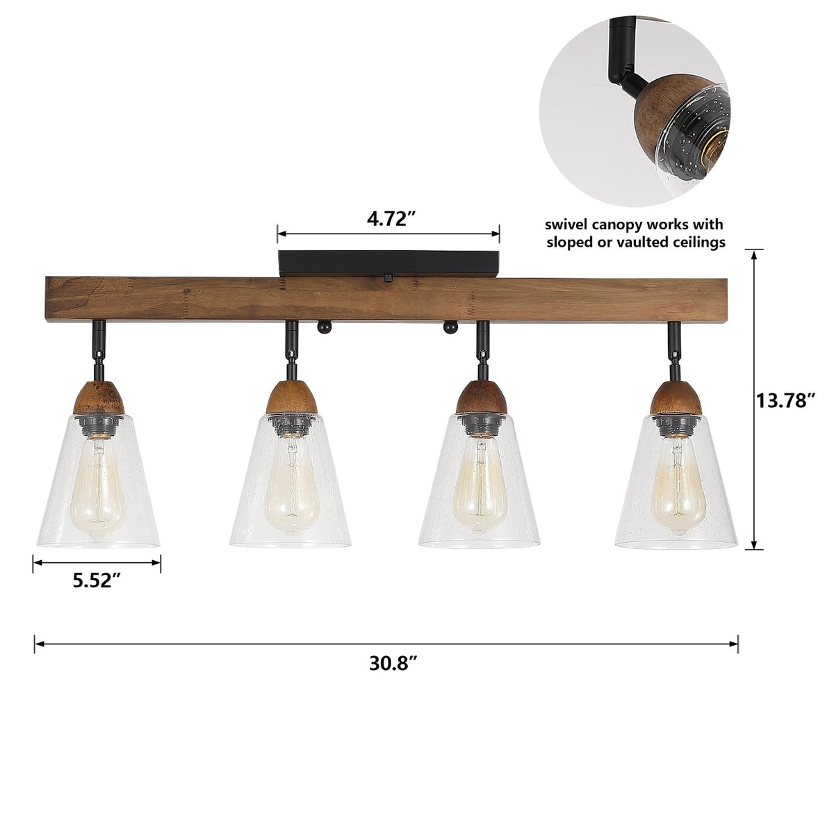 4-Light Large Rustic Farmhouse Wood Flush Mount Ceiling Light Fixture Clear Seeded Glass Shade and Oak Wood Track