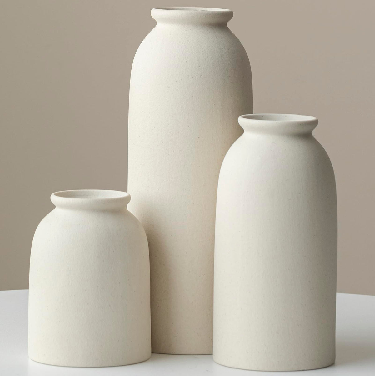 Ceramic Vase Set-3, Large Flower Vases for Decor, Modern Boho Farmhouse Style, 10.4 Inch Tall, 4 Inch Width, Beige