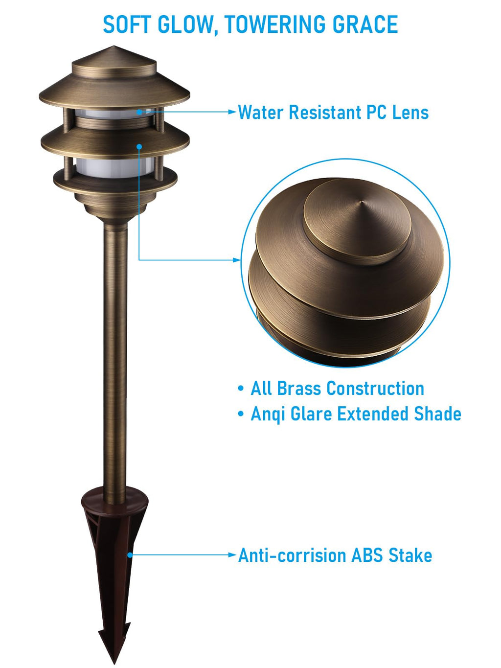 12V Cast Brass Pagoda Path Light, Bronze