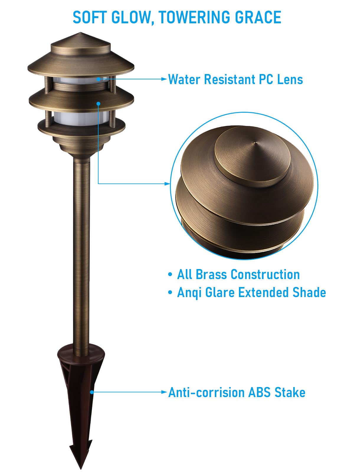 12V Cast Brass Pagoda Path Light, Bronze