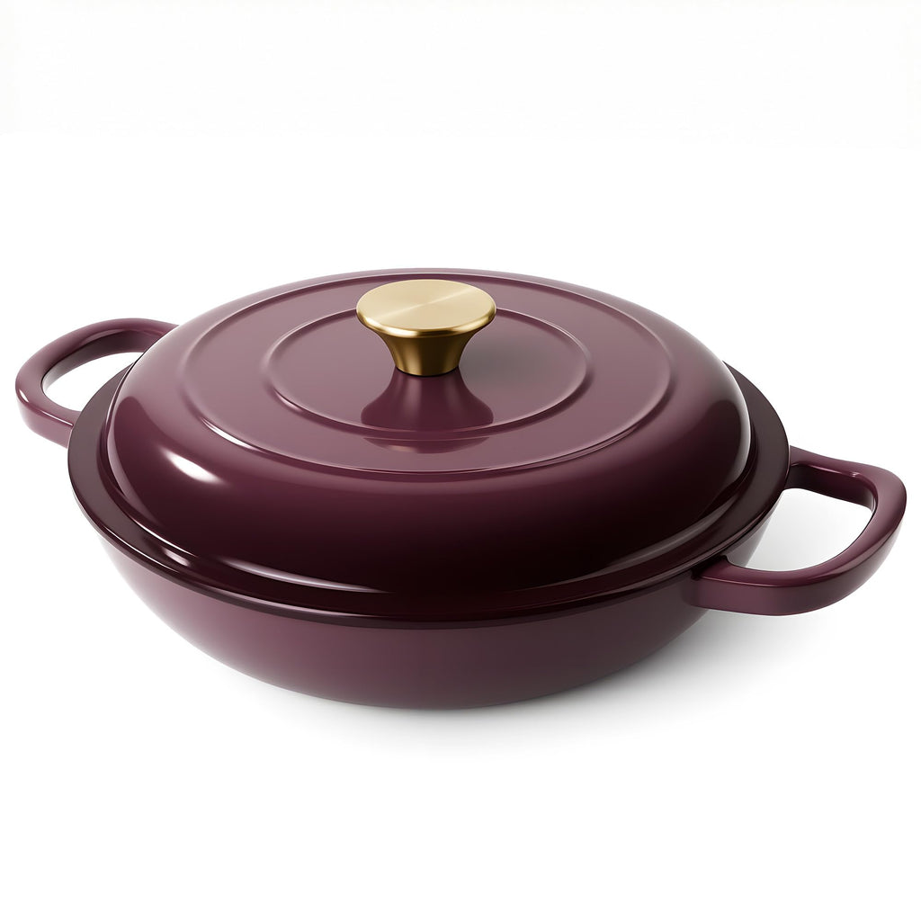 Vintage Style 3 Quart Enameled Cast Iron Braiser, Non Stick Enameled Cast Iron Skillet with Lid, Dutch Oven Skillet