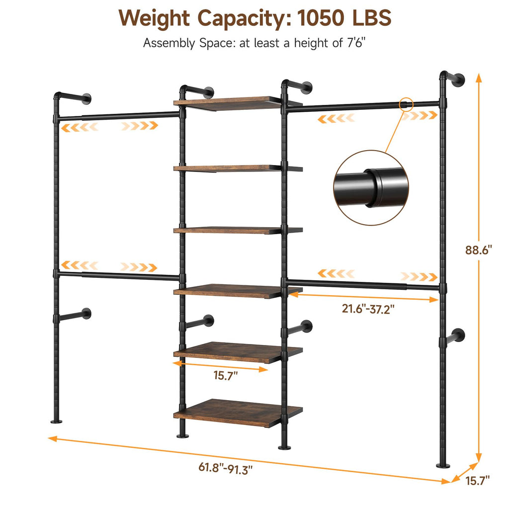T1 Wall Mounted Closet System with 6 Wood Shelves & 4 Hanging Rods