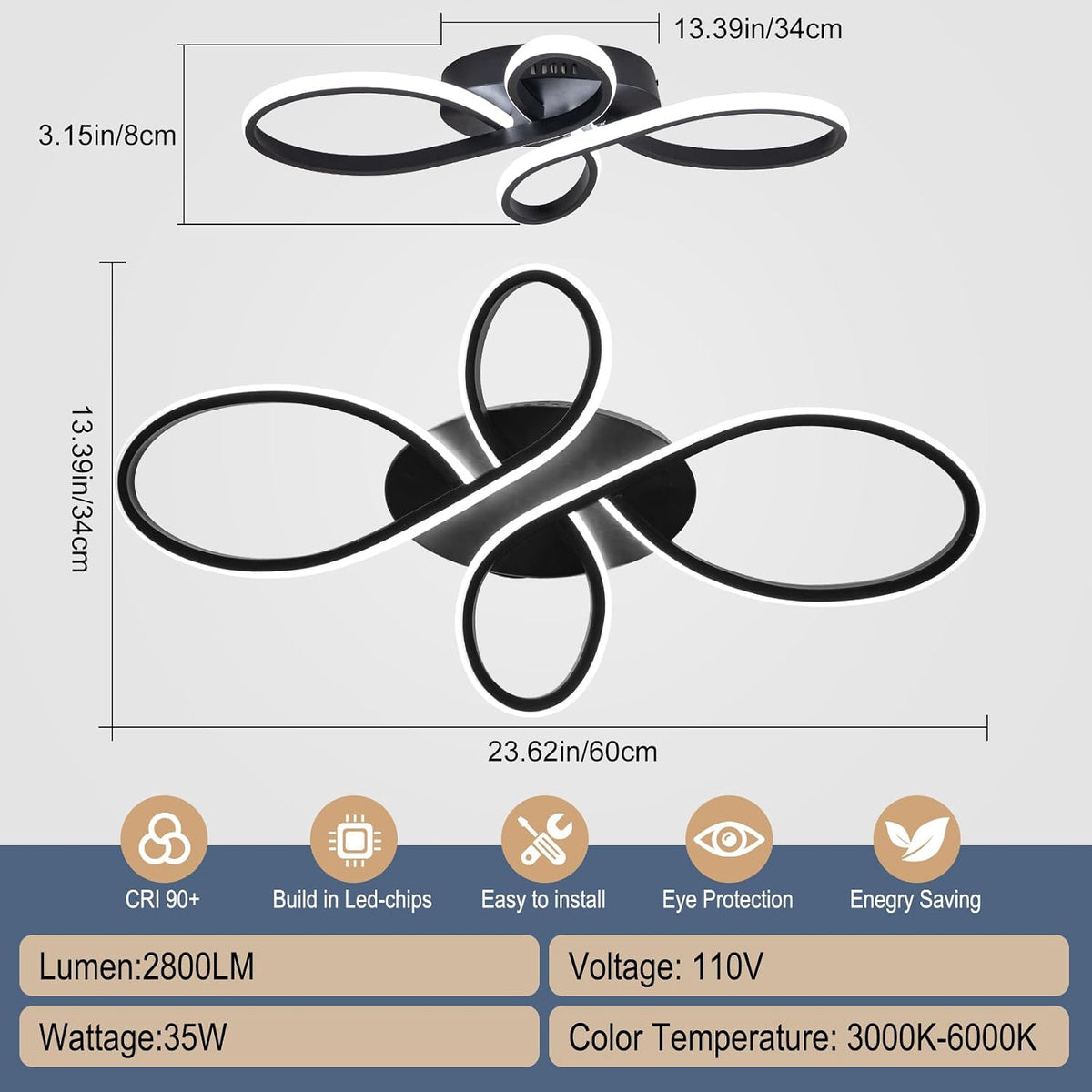 Modern LED Ceiling Light, Hallway Light Black Close to Ceiling Light Bedroom Balcony Bathroom Room (23.62Inch)