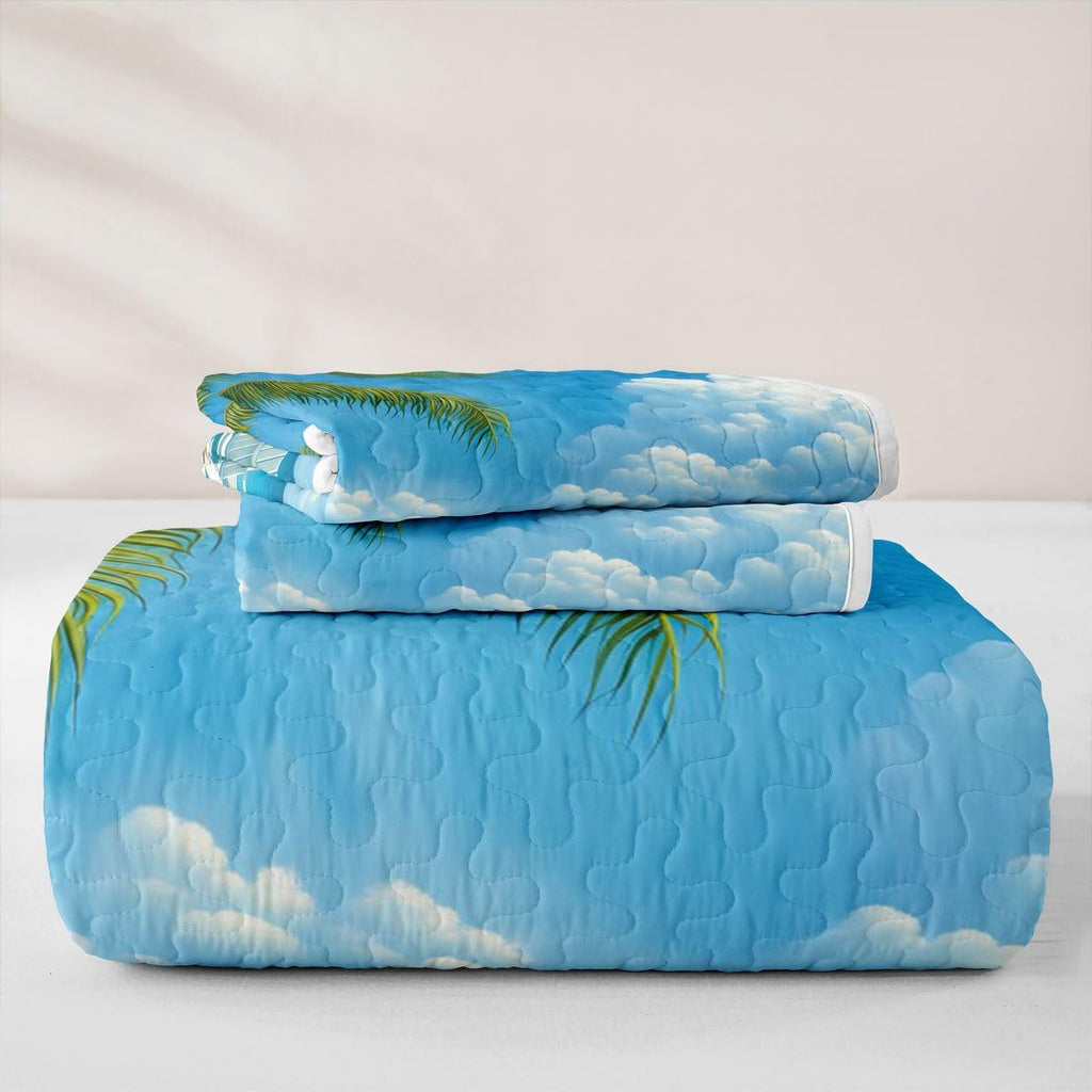 Beach Quilted Bedspread, Sunny Beach Palm Tree Starfish Quilt Bedding Set 3 Pieces, Tropical Coastal Ocean