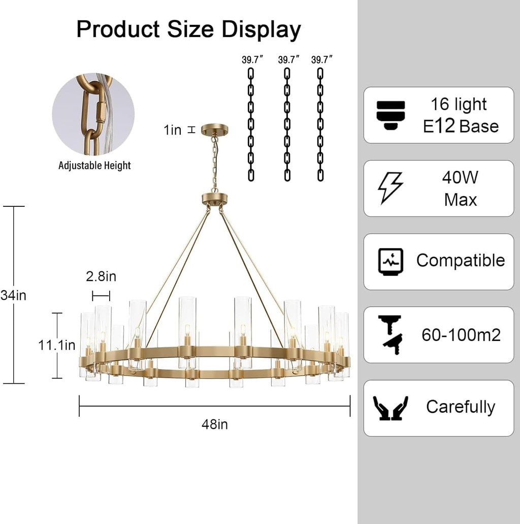 48" 16-Light Gold Large Wagon Wheel Glass Chandelier