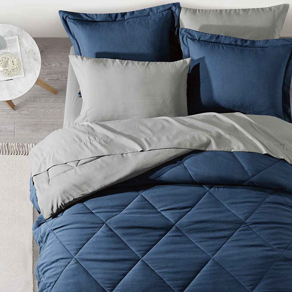Comforter Bed Set, 7-Piece Reversible Bed in a Bag, Navy and Gray