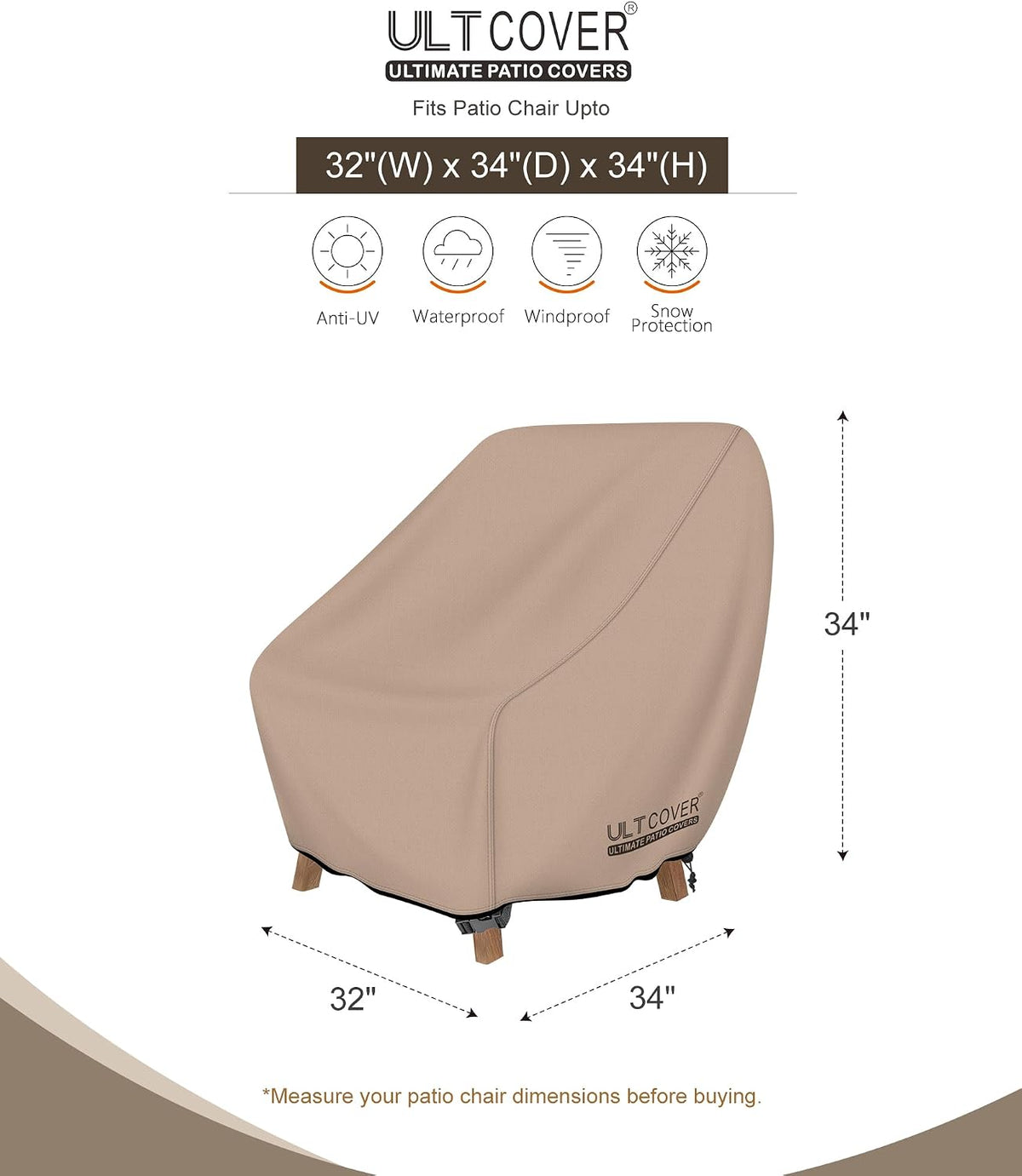 Waterproof Patio Chair Cover, 32W x 34D x 34H in