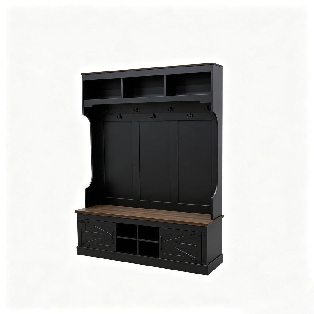 Farmhouse 71''H Hall Tree with Wooden Bench Seat, 5-in-1 Entryway Storage Organizer Cabinet with Bench and Shoe