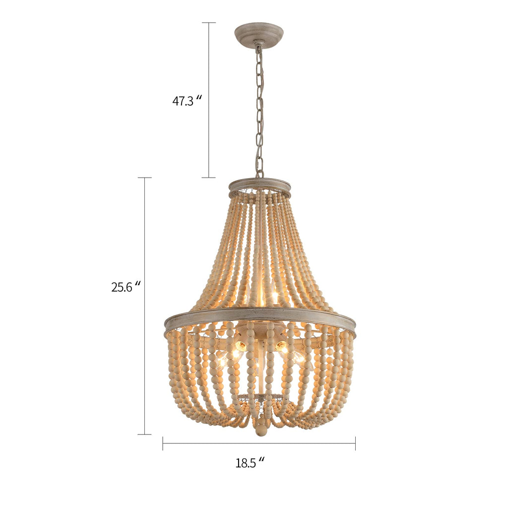 Farmhouse Wood Beaded Chandelier, Oak White 8-Lights Retro Vintage Antique Rustic Boho Pendant Light Fixture for Foyer