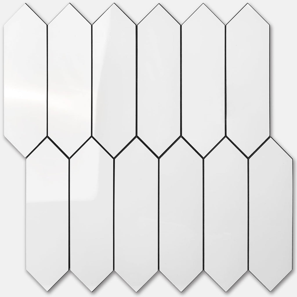 Glossy White Backsplash Tile Peel and Stick, 12.8 x 12.8 Inch 10 Sheets Long Hexagon PVC Self Adhesive Mosaic Wall