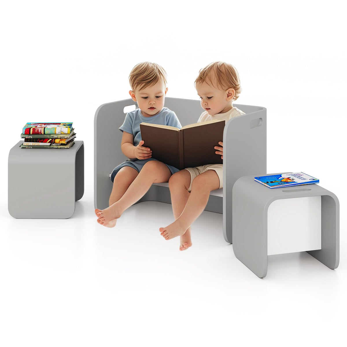 Kids Table and Chair Set, All in 1 Birch Wood Activity Table, Bench, Storage Shelves, Desk for Children Reading