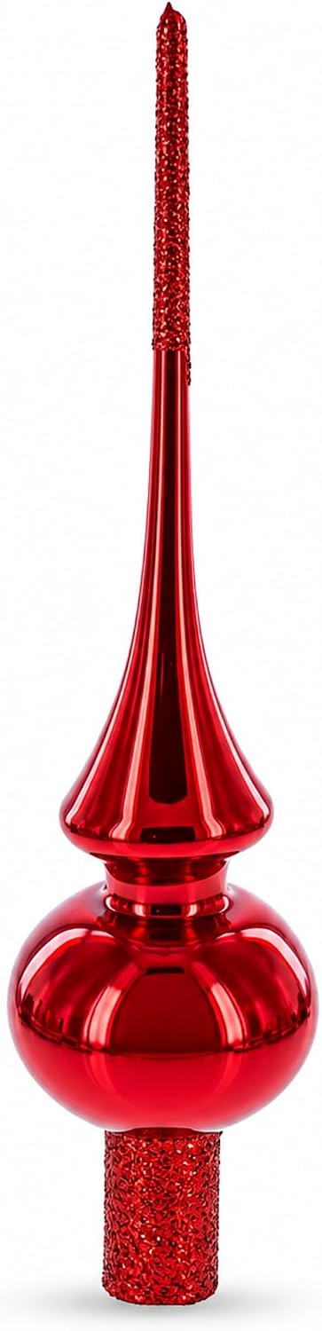 Glossy Red with Sparkling Top Glass Christmas Tree Topper 11 Inches