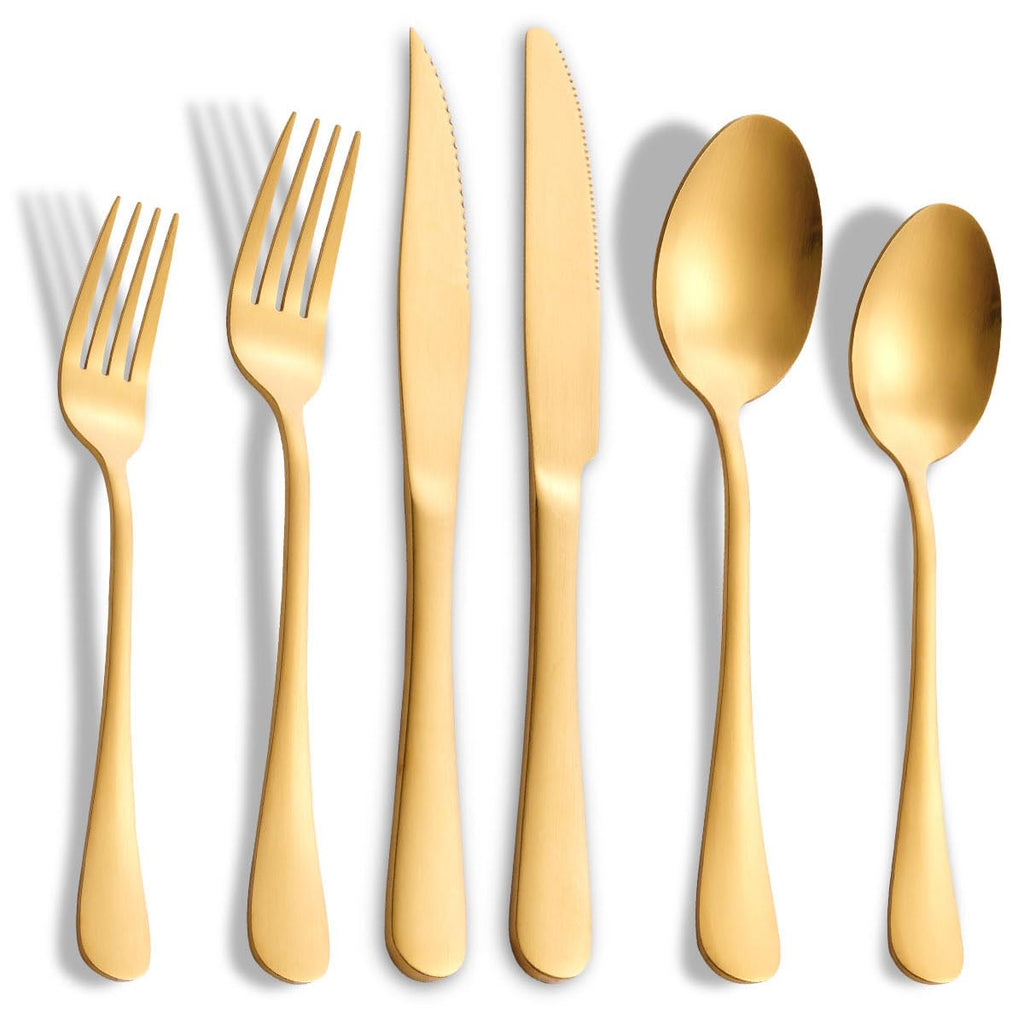 Matte Gold Silverware Set with Steak Knives,24-Piece Stainless Steel Flatware Set for 4,Modern Cutlery Utensils