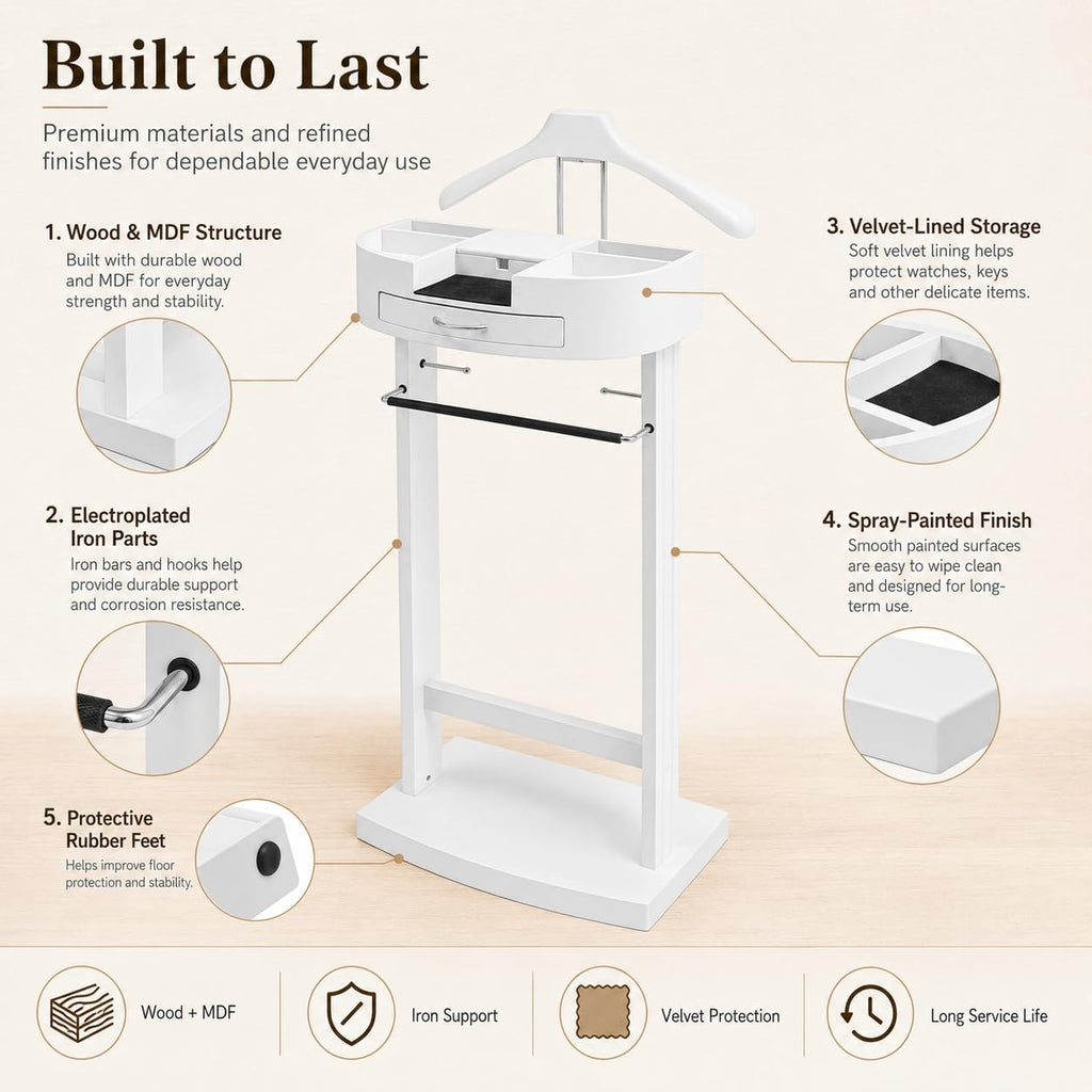 Suit Valet Stand, Standing Wooden Clothes Stand, Clothes Organizer Hanger Rack for Suit Coat Jacket Shirt Bedroom