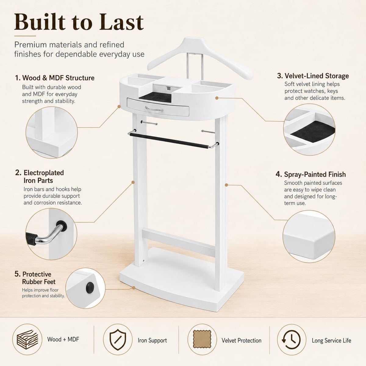 Suit Valet Stand, Standing Wooden Clothes Stand, Clothes Organizer Hanger Rack for Suit Coat Jacket Shirt Bedroom
