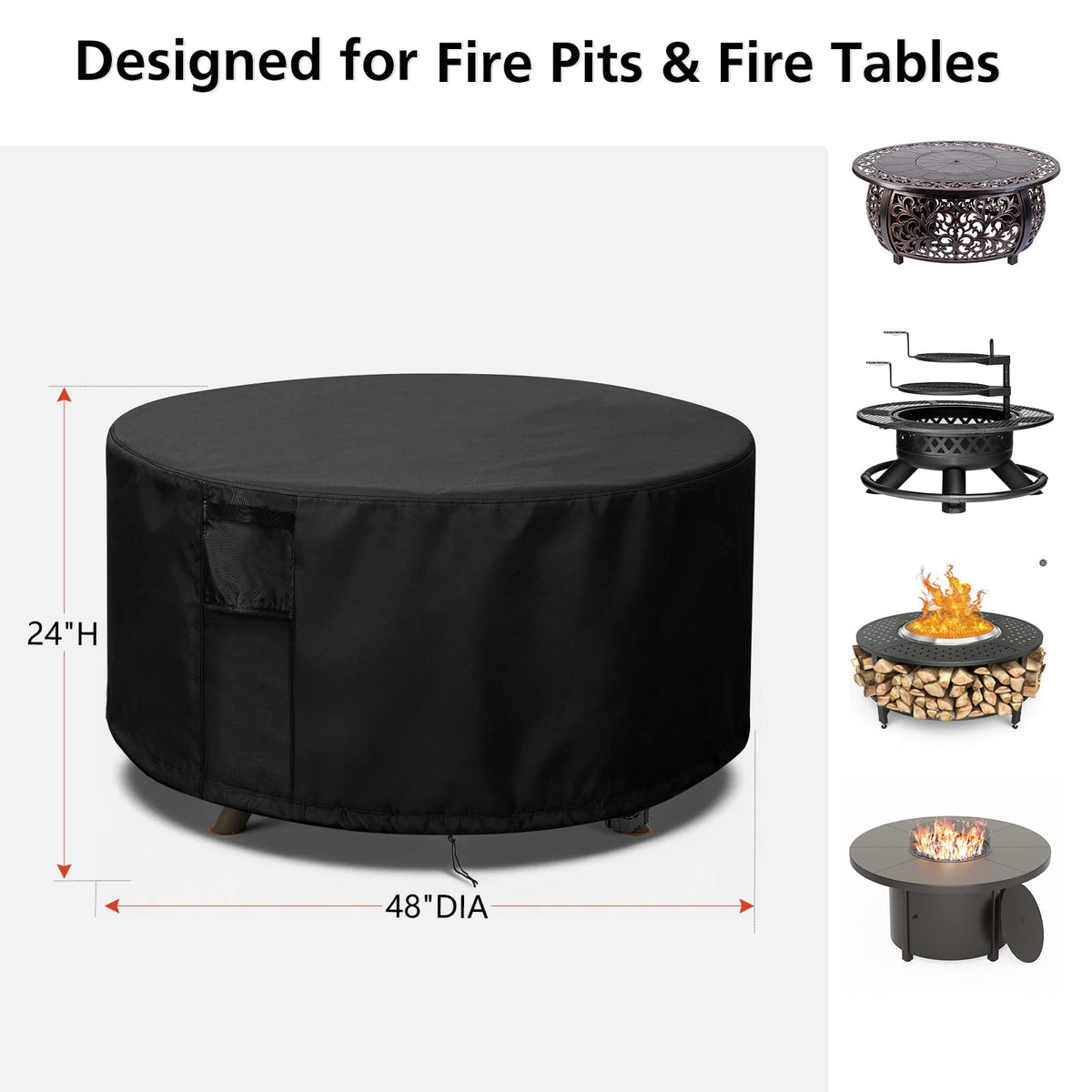 Fire Pit Cover Round 48x24, 600D Heavy Duty Round Firepit Covers Waterproof