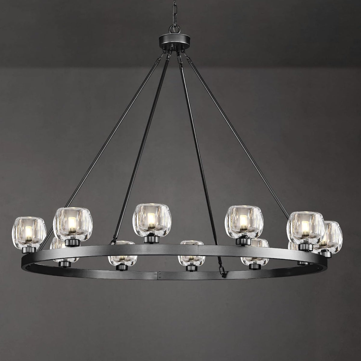 48" 12-Light Black Large Crystal Wagon Wheel Chandelier