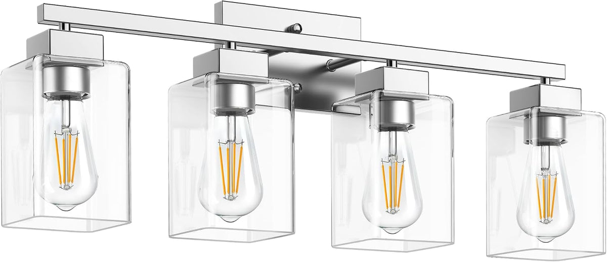 4-Light Bathroom Light Fixtures, Brushed Nickel Modern Vanity Lights, Bathroom Lighting Fixtures Over Mirror, Square