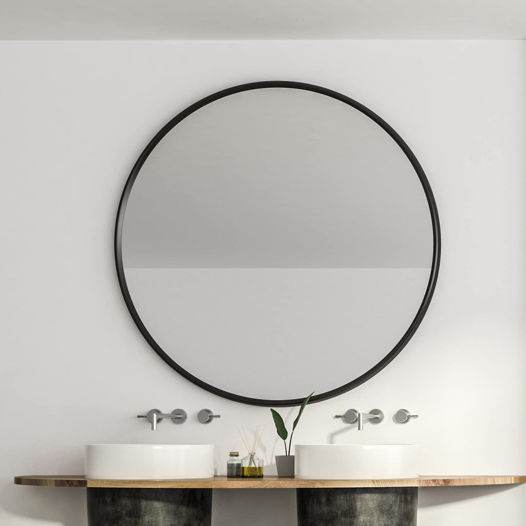 Round Metal Wall Mirror, 36 Inch, Black Frame Bathroom Mirror