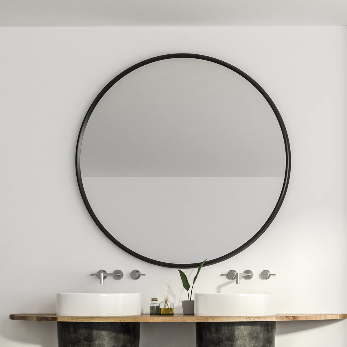 Round Metal Wall Mirror, 36 Inch, Black Frame Bathroom Mirror