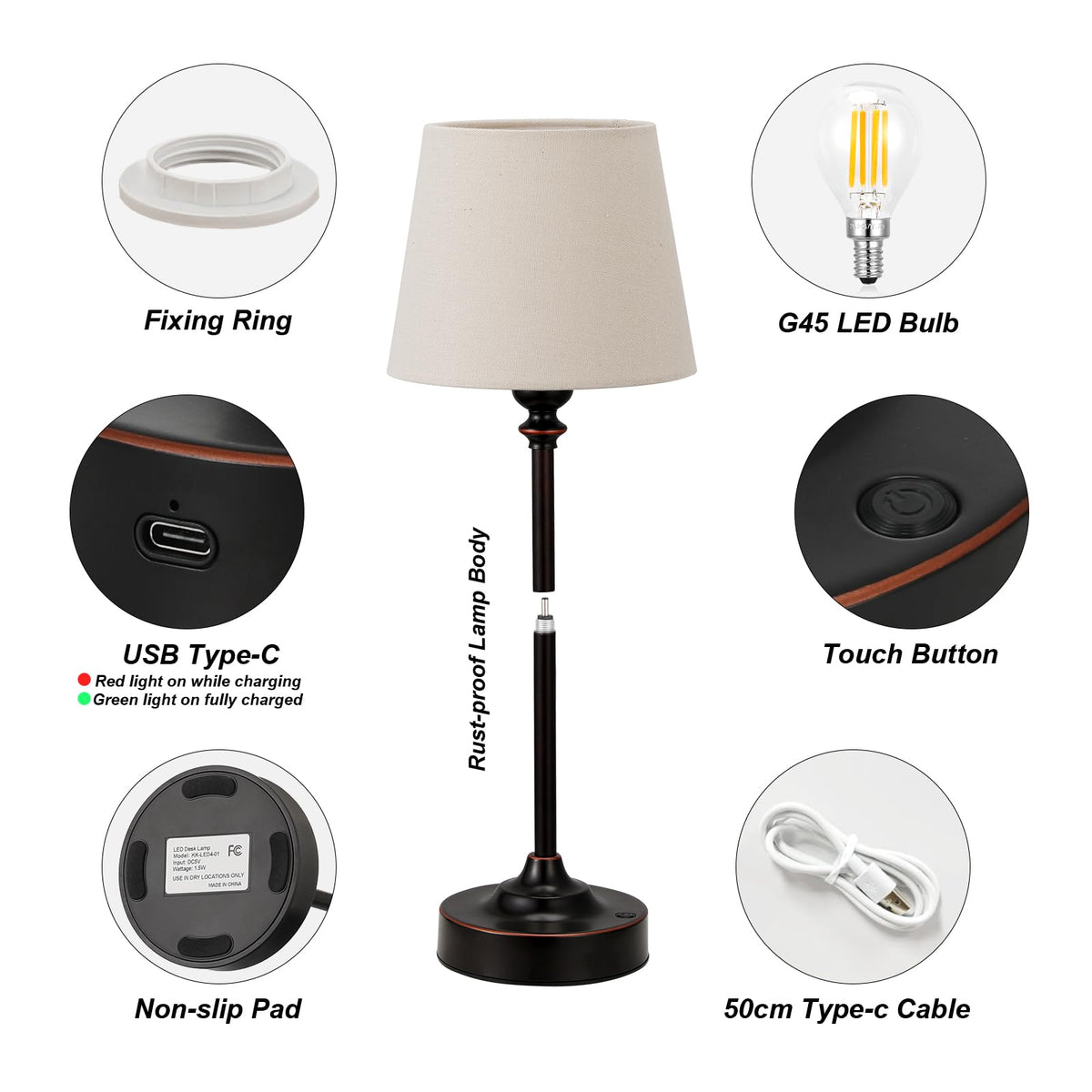 Cordless Table Lamp Rechargeable Bronze - 1 Pack Brass 4000mAH Battery Operated Lamp for Decor, 3000K Stepless