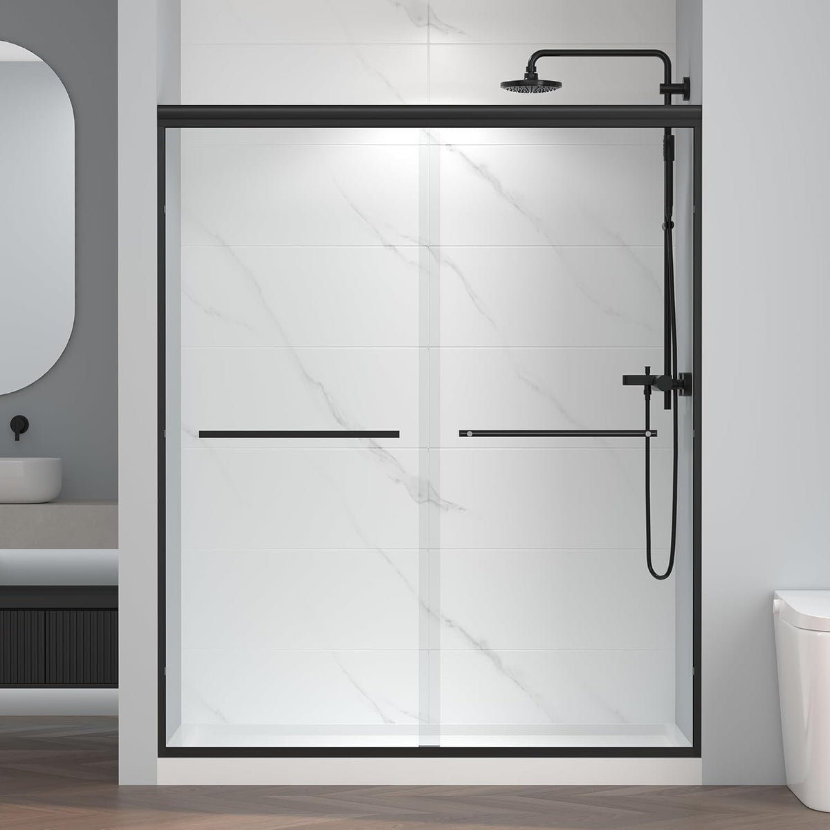 56-60" W x 72" H Semi-Frameless Bypass Sliding Shower Door, Easy-to-Clean Treated Clear Tempered Glass, Matte Black