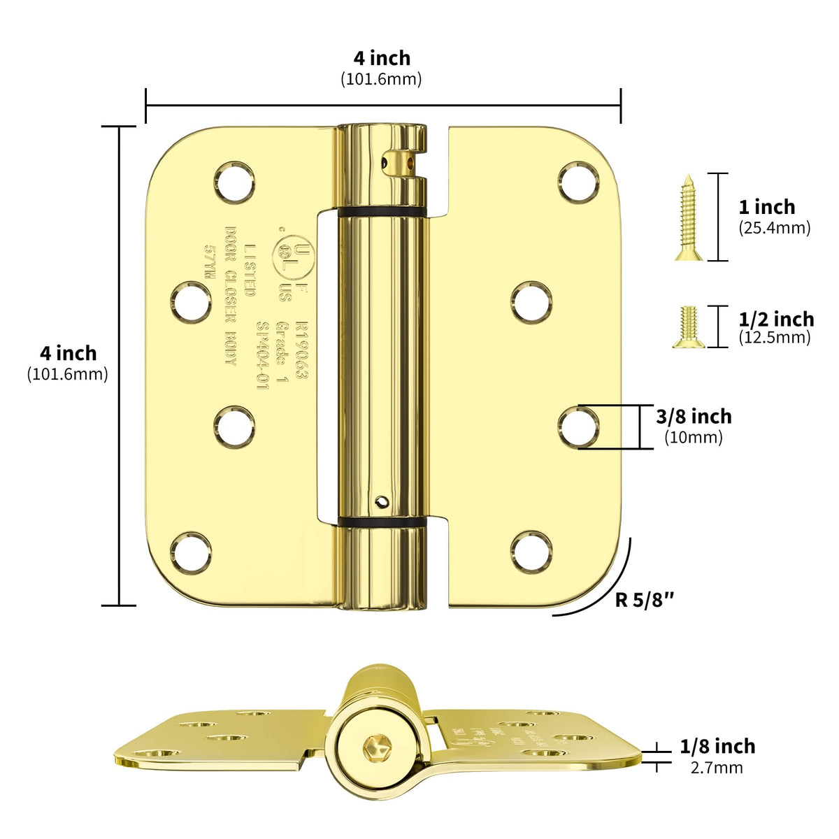 4 Pack Brass 4" Spring Door Hinges with 5/8" Radius Corners
