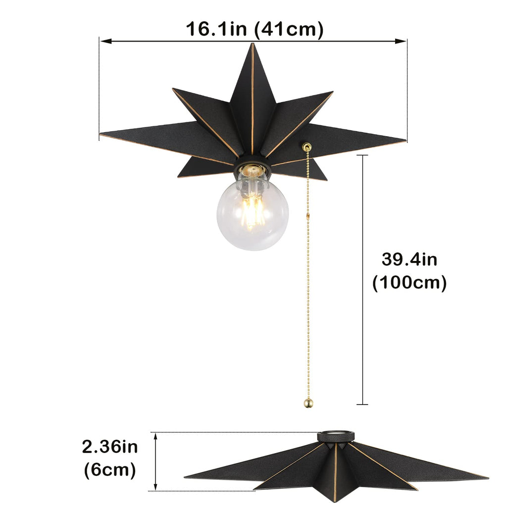 16 inch Flush Mount Ceiling Light with Pull Chain On/Off Switch, Industrial Black Star Ceiling Light Fixtures