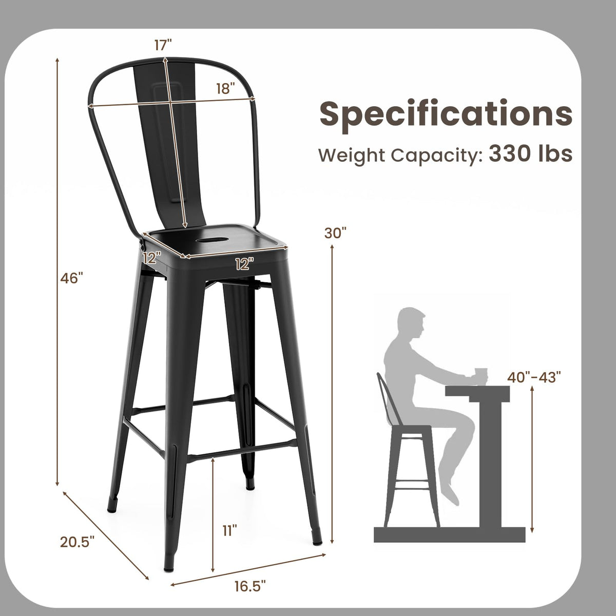 30 Inch Stackable Metal Bar Stools Set of 4 with High Backs, Black