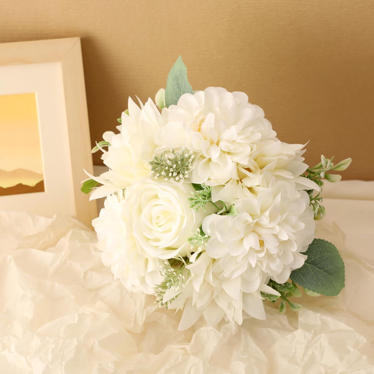 Wedding Bouquets for Bridesmaids, White Artificial Rose Flowers, Silk Bouquet Set for Bride, Church Ceremony Wedding