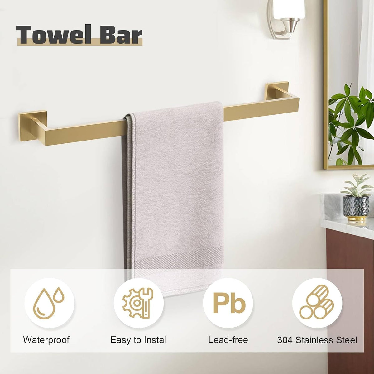 5-Piece Towel Bar Set Brushed Gold Bathroom Hardware Accessories Set Includes Upgraded Double Base Toilet Paper