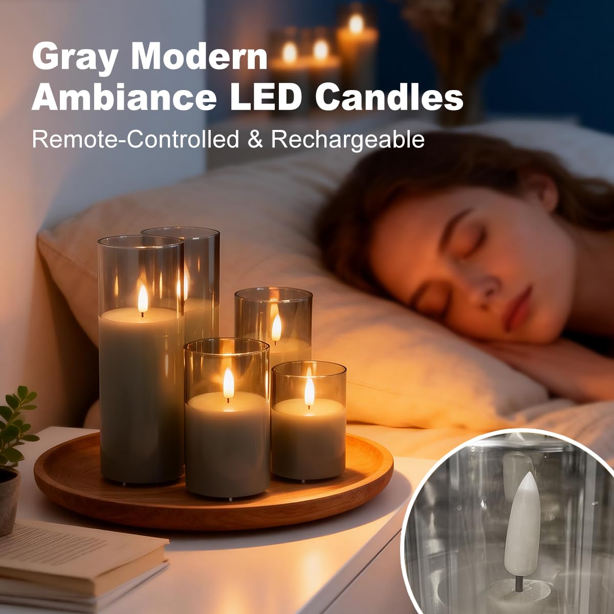 Rechargeable Flameless Candles, Realistic Flickering LED Flame, Real Wax Candle with Remote Control and Timer, Clear