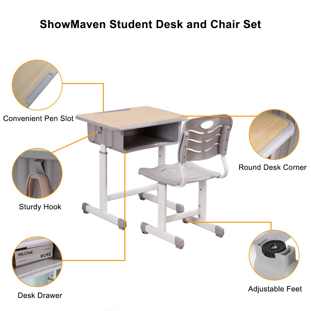 Student Desk and Chair Combo, Height Adjustable Children's Desk and Chair Workstation with Drawer, Pencil Grooves and