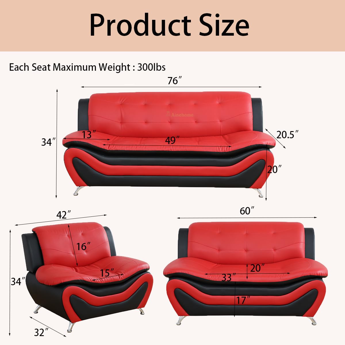 Sectional Sofa Set, Modern Faux Leather Living Room Furniture - 6-Seat Sofa & Loveseat & Chair (C-red/Black)
