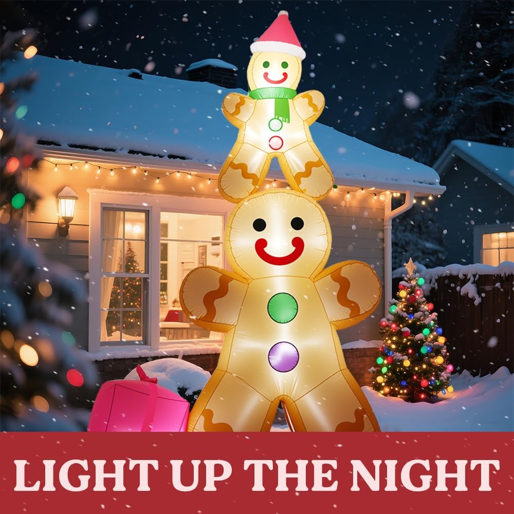 10FT Christmas Inflatables Gingerbread Father and Son Outdoor Decorations, Christmas Blow Up Yard Decorations with