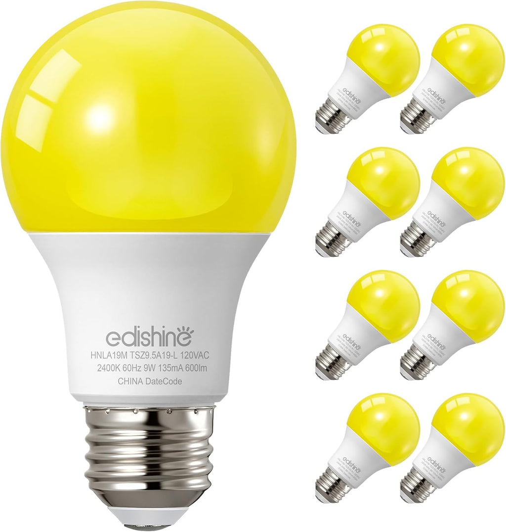 9W A19 Yellow Bug Light Bulbs, 2400K Amber E26 8-Pack