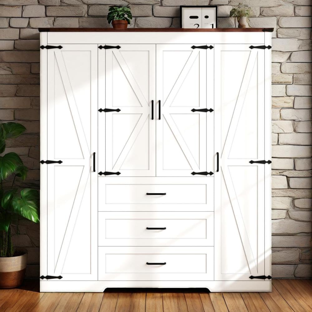 70" Tall Armoire Wardrobe Closet with 4 Doors & 3 Drawers, Farmhouse Bedroom Storage Cabinet with Hanging Rod