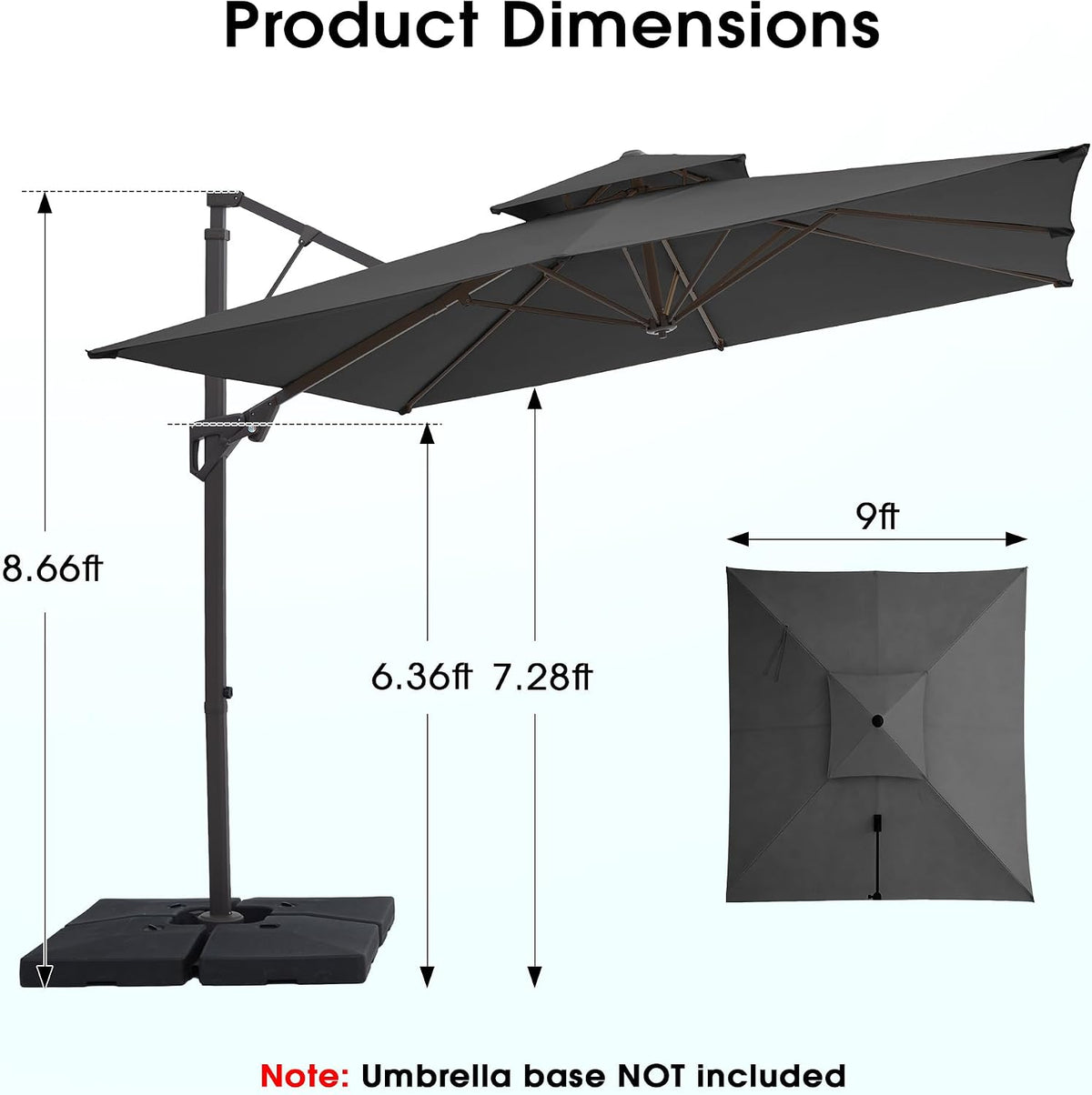 9x9 ft 2-Tier Cantilever Patio Umbrella, Large Square Outdoor Offset Umbrella with Double Top Vent and 360-degree - Gray